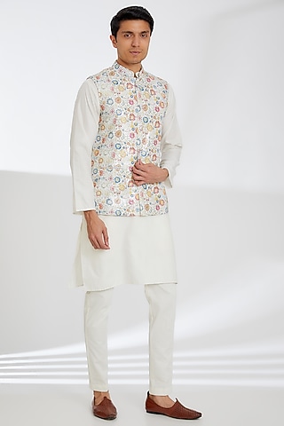 White Crepe Printed Bundi Jacket by Rabani & Rakha Men