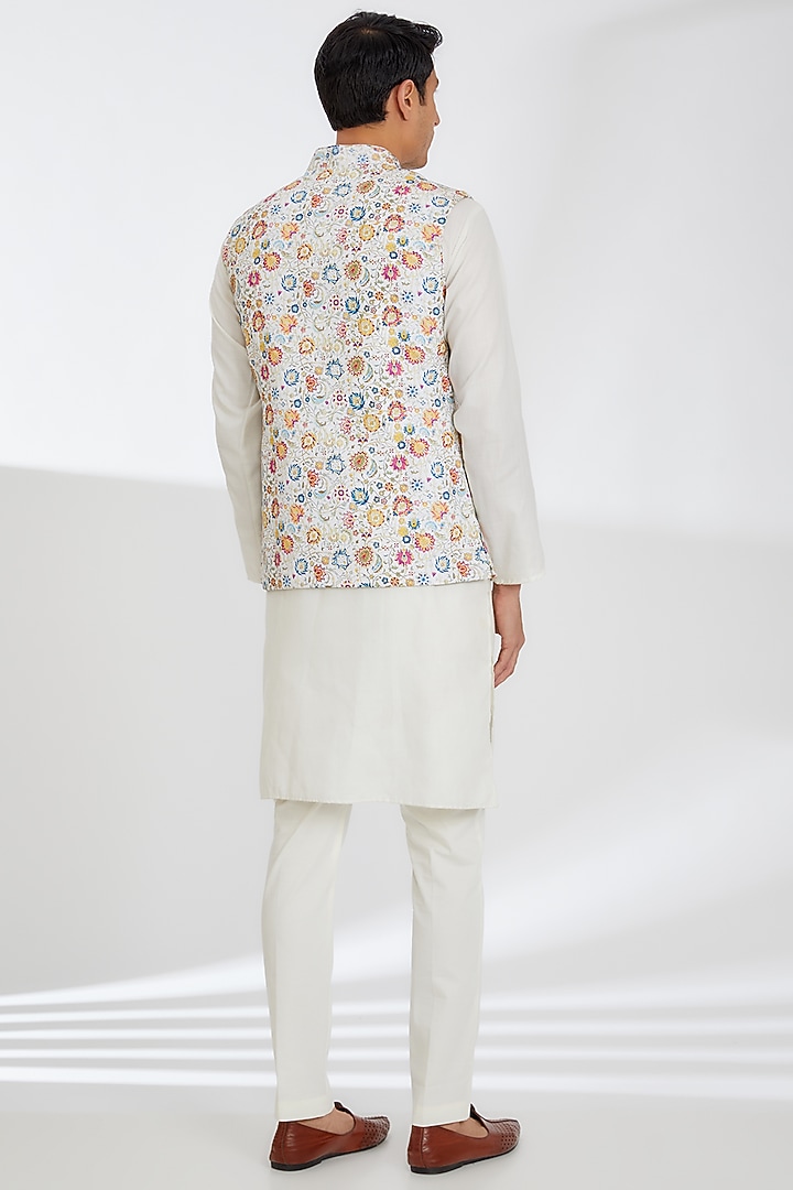 White Crepe Printed Bundi Jacket by Rabani & Rakha Men at Pernia's Pop Up Shop