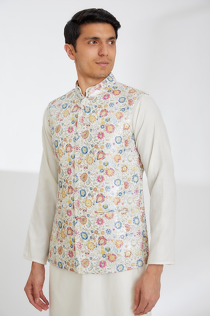 White Crepe Printed Bundi Jacket by Rabani & Rakha Men at Pernia's Pop Up Shop