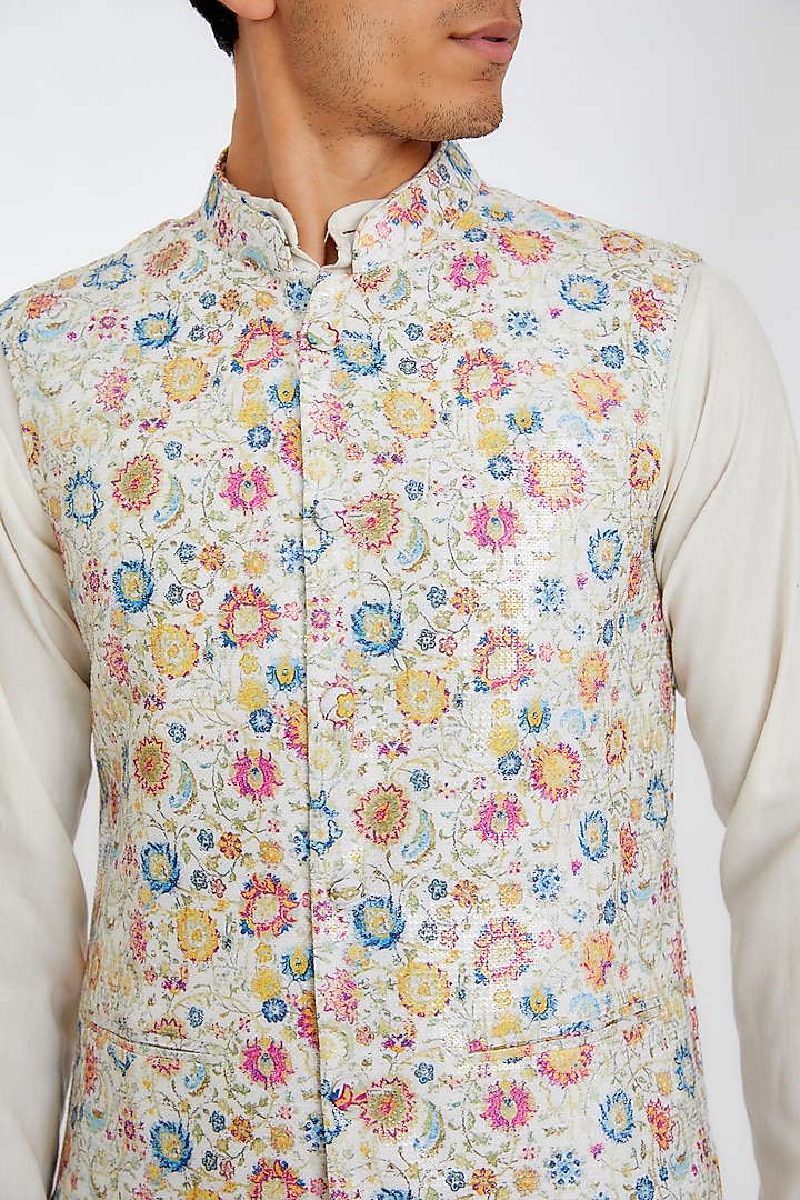 White Crepe Printed Bundi Jacket by Rabani & Rakha Men at Pernia's Pop Up Shop