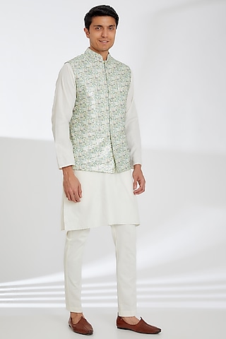 White Crepe Printed Bundi Jacket by Rabani & Rakha Men