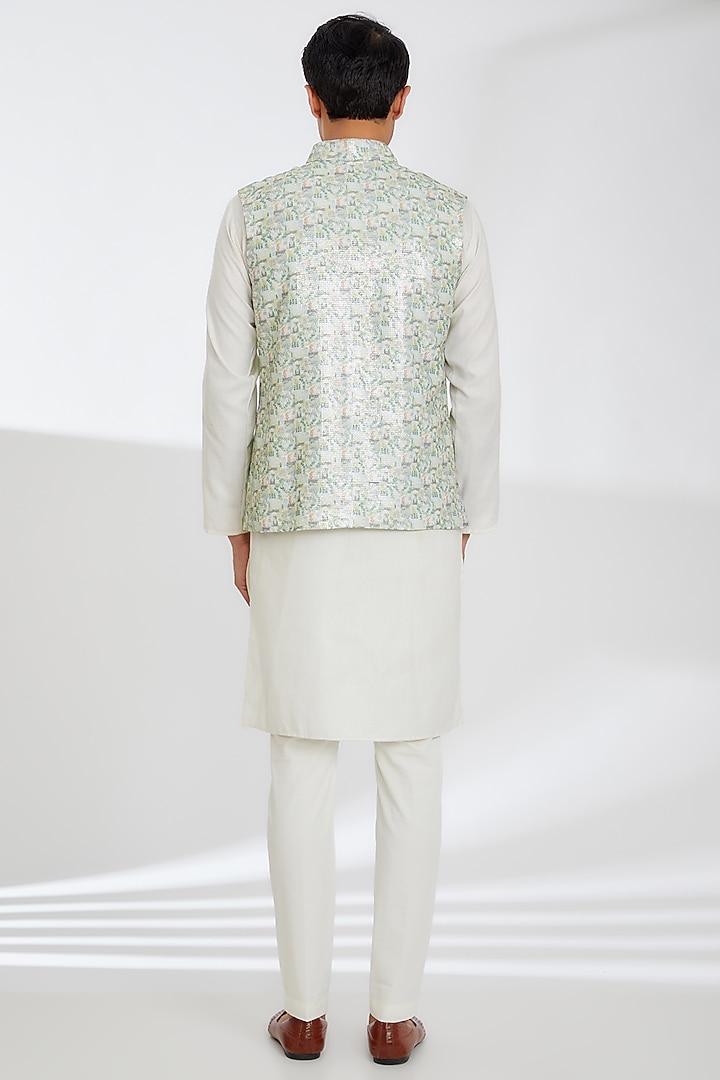 White Crepe Printed Bundi Jacket by Rabani & Rakha Men at Pernia's Pop Up Shop