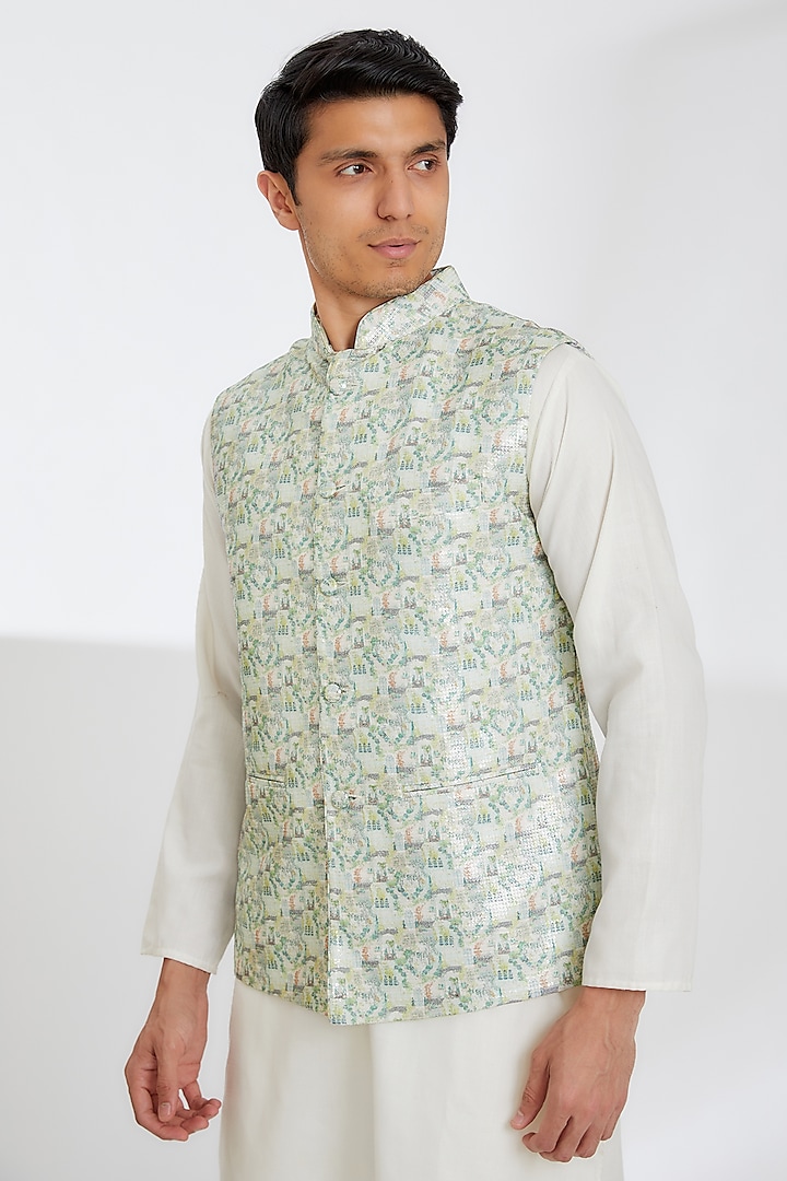 White Crepe Printed Bundi Jacket by Rabani & Rakha Men at Pernia's Pop Up Shop