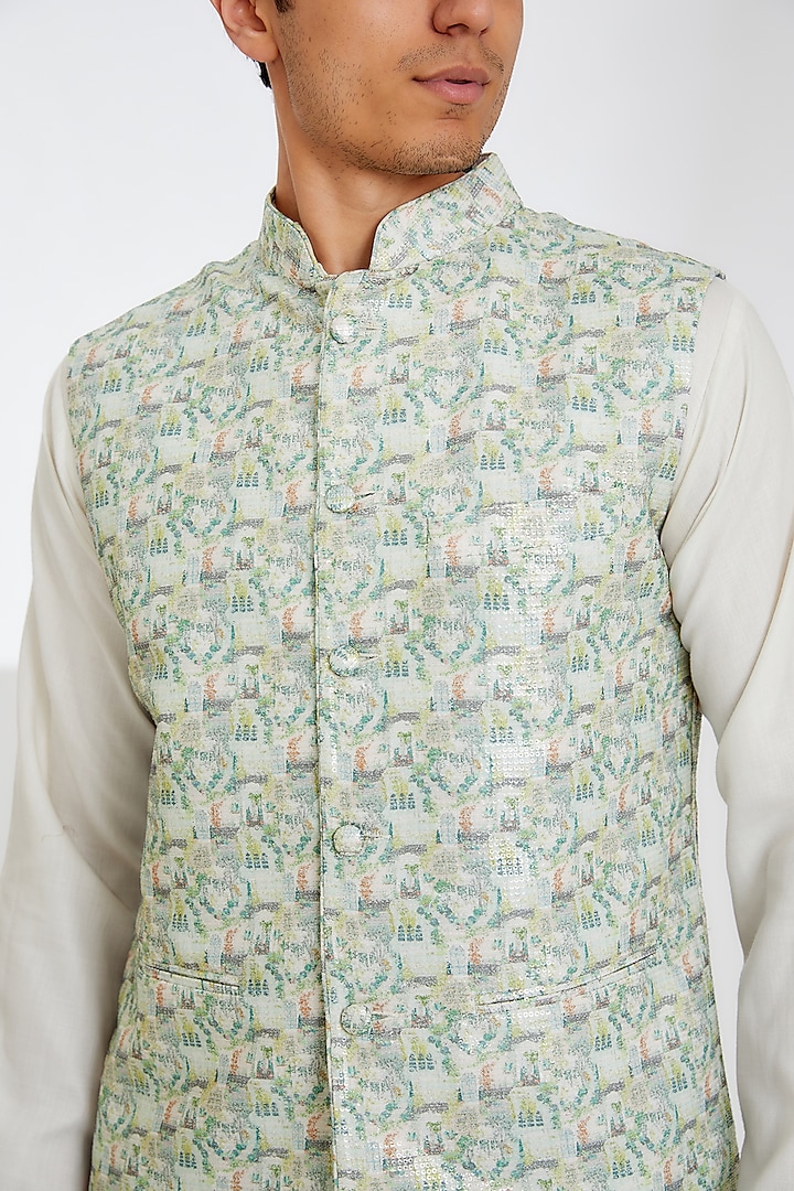 White Crepe Printed Bundi Jacket by Rabani & Rakha Men at Pernia's Pop Up Shop
