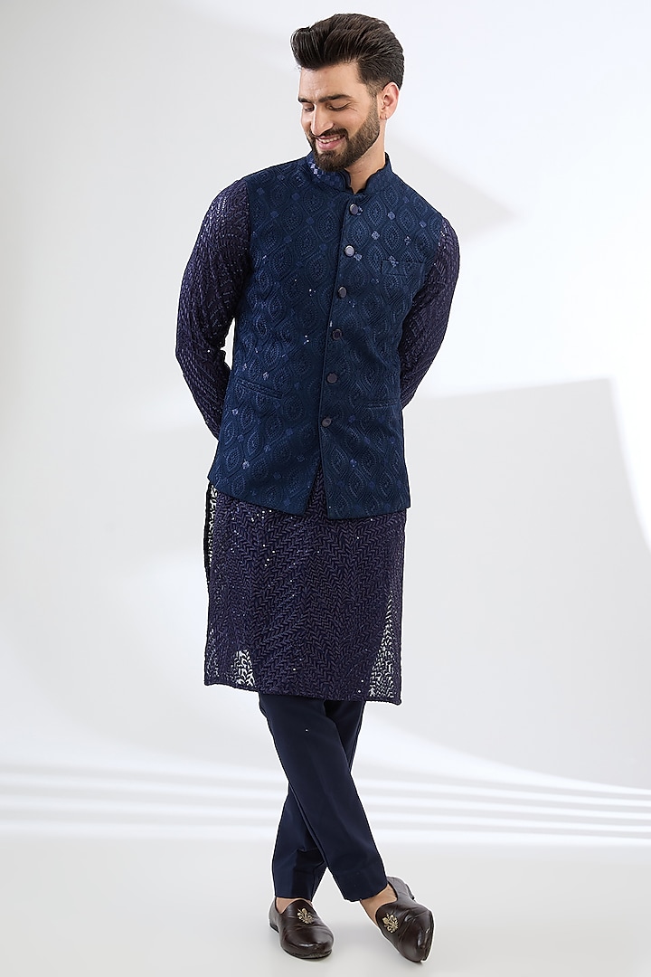 Blue Georgette Thread Embroidered Bundi Jacket by Rabani & Rakha Men