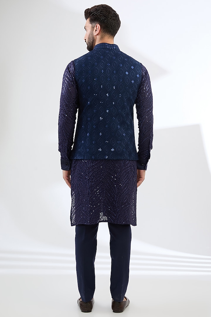Blue Georgette Thread Embroidered Bundi Jacket by Rabani & Rakha Men at Pernia's Pop Up Shop