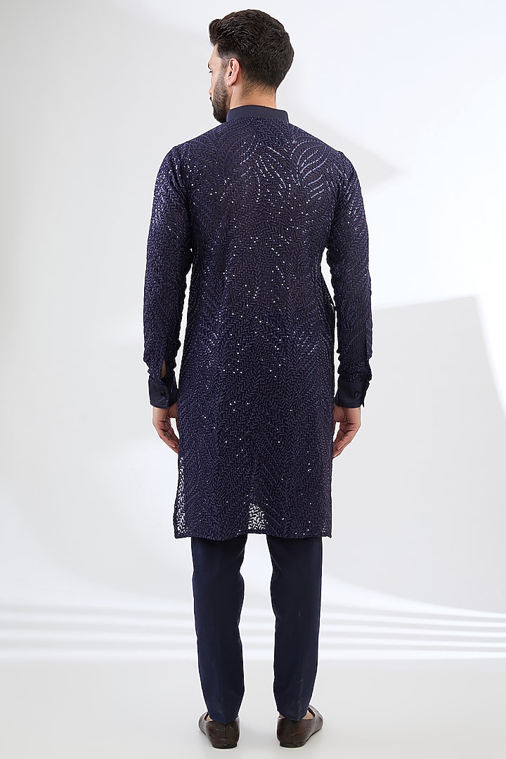 Blue Georgette Thread Embroidered Bundi Jacket by Rabani & Rakha Men at Pernia's Pop Up Shop
