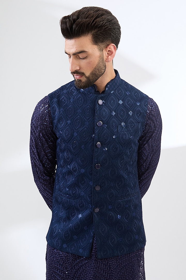 Blue Georgette Thread Embroidered Bundi Jacket by Rabani & Rakha Men at Pernia's Pop Up Shop