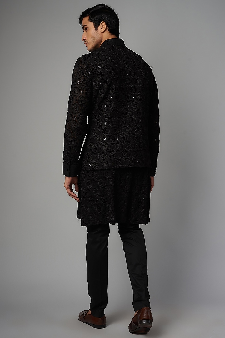 Black Georgette Embroidered Bundi Jacket by Rabani & Rakha Men at Pernia's Pop Up Shop