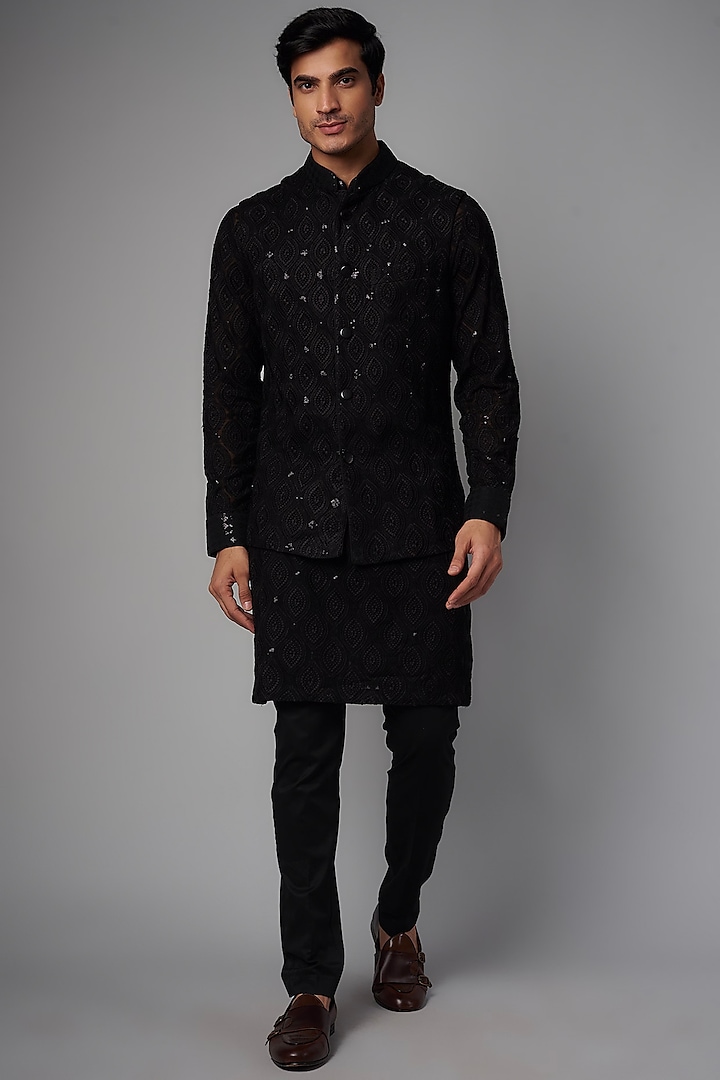 Black Georgette Embroidered Bundi Jacket by Rabani & Rakha Men at Pernia's Pop Up Shop