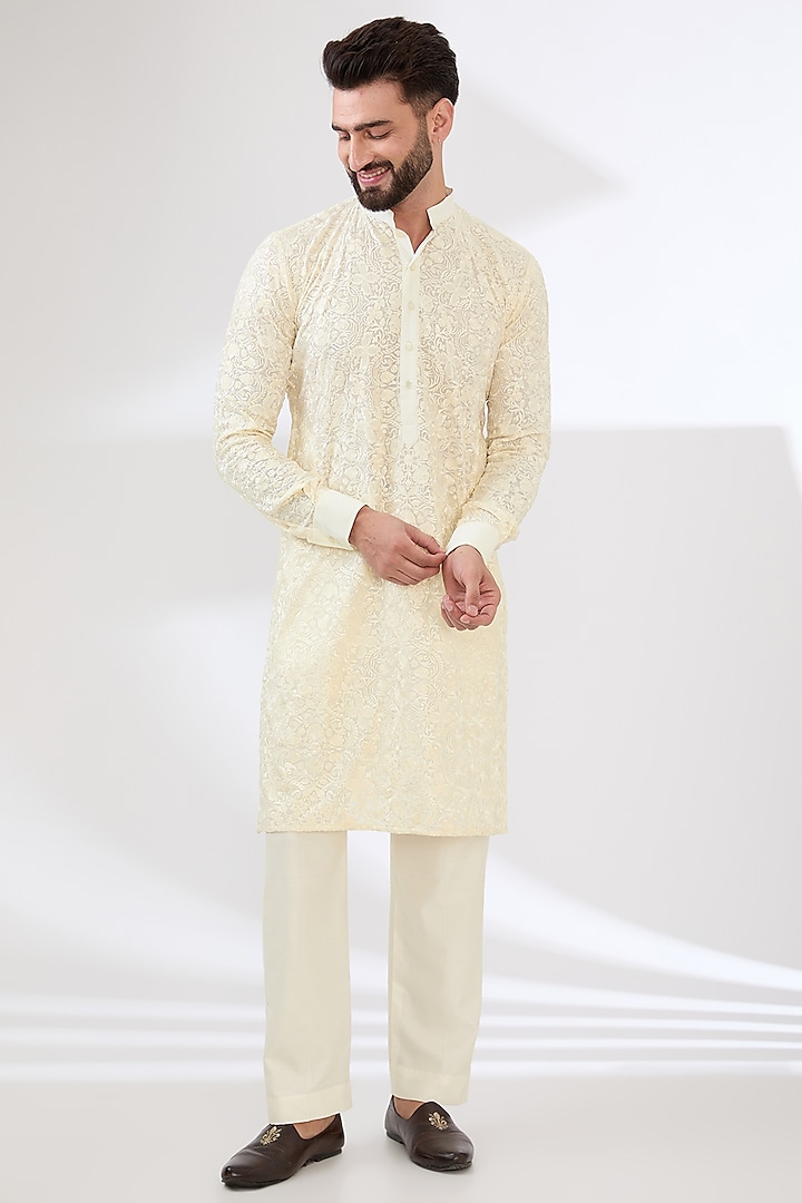 Ivory Georgette Thread Work Kurta Set by Rabani & Rakha Men