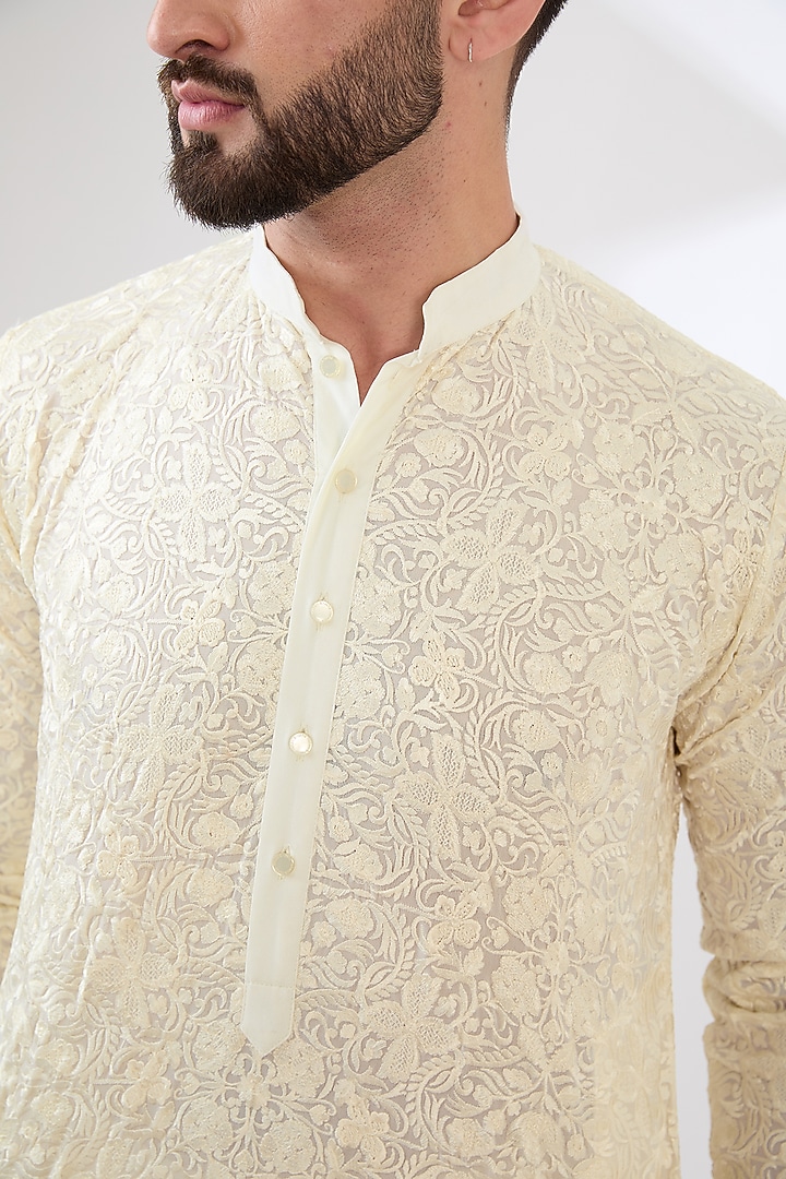 Ivory Georgette Thread Work Kurta Set by Rabani & Rakha Men at Pernia's Pop Up Shop