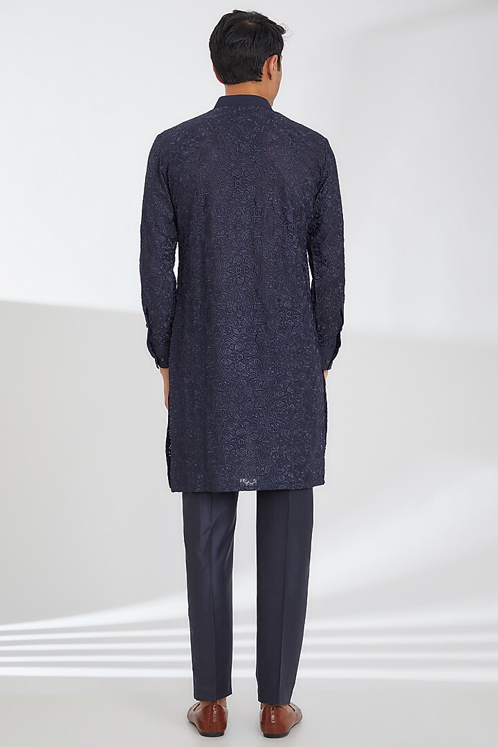 Midnight Blue Georgette Thread Work Kurta Set by Rabani & Rakha Men at Pernia's Pop Up Shop