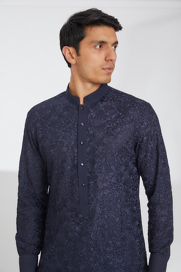 Midnight Blue Georgette Thread Work Kurta Set by Rabani & Rakha Men at Pernia's Pop Up Shop
