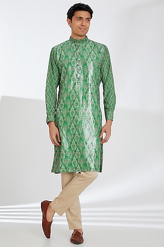 Green Crepe Printed Kurta Set by Rabani & Rakha Men