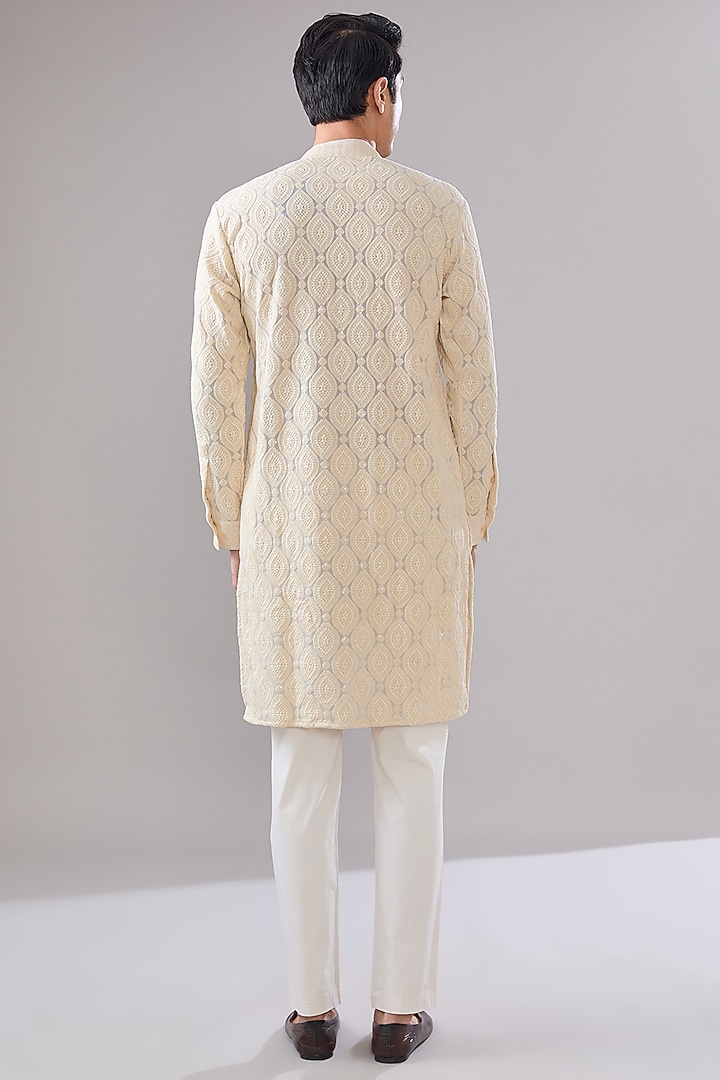 Ivory Georgette Chikankari Hand Embroidered Kurta Set by Rabani & Rakha Men at Pernia's Pop Up Shop