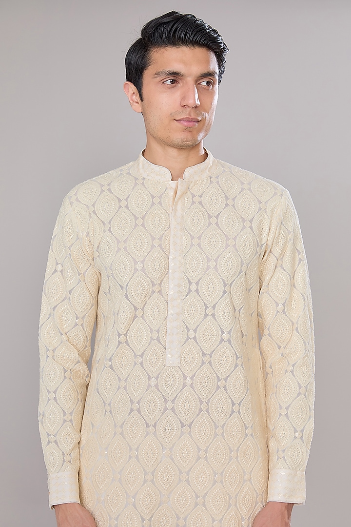 Ivory Georgette Chikankari Hand Embroidered Kurta Set by Rabani & Rakha Men at Pernia's Pop Up Shop