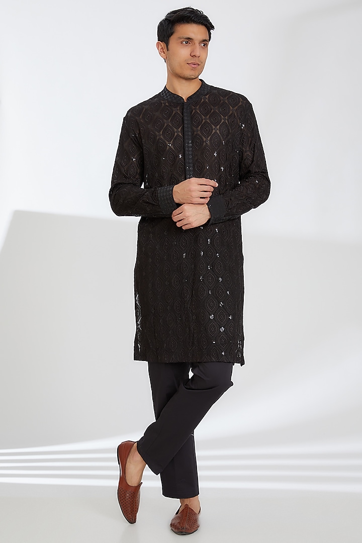 Black Georgette Thread Work Kurta Set by Rabani & Rakha Men