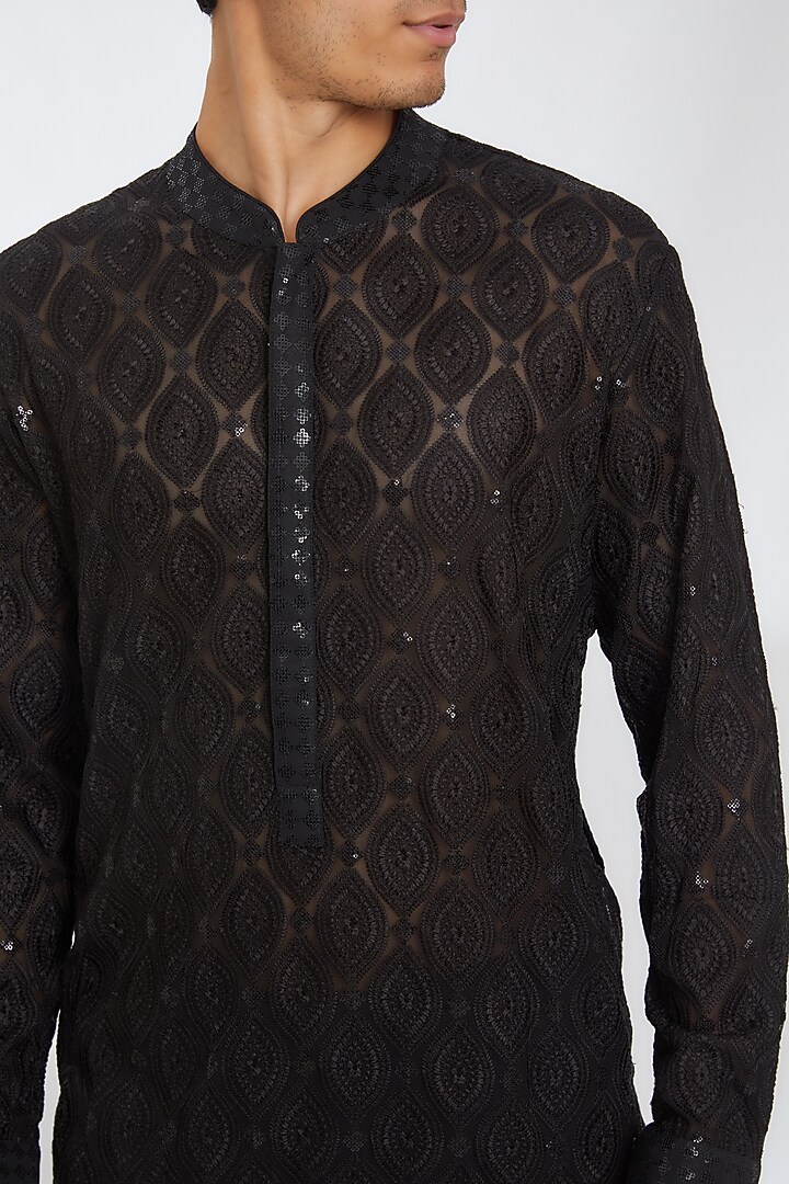 Black Georgette Thread Work Kurta Set by Rabani & Rakha Men at Pernia's Pop Up Shop