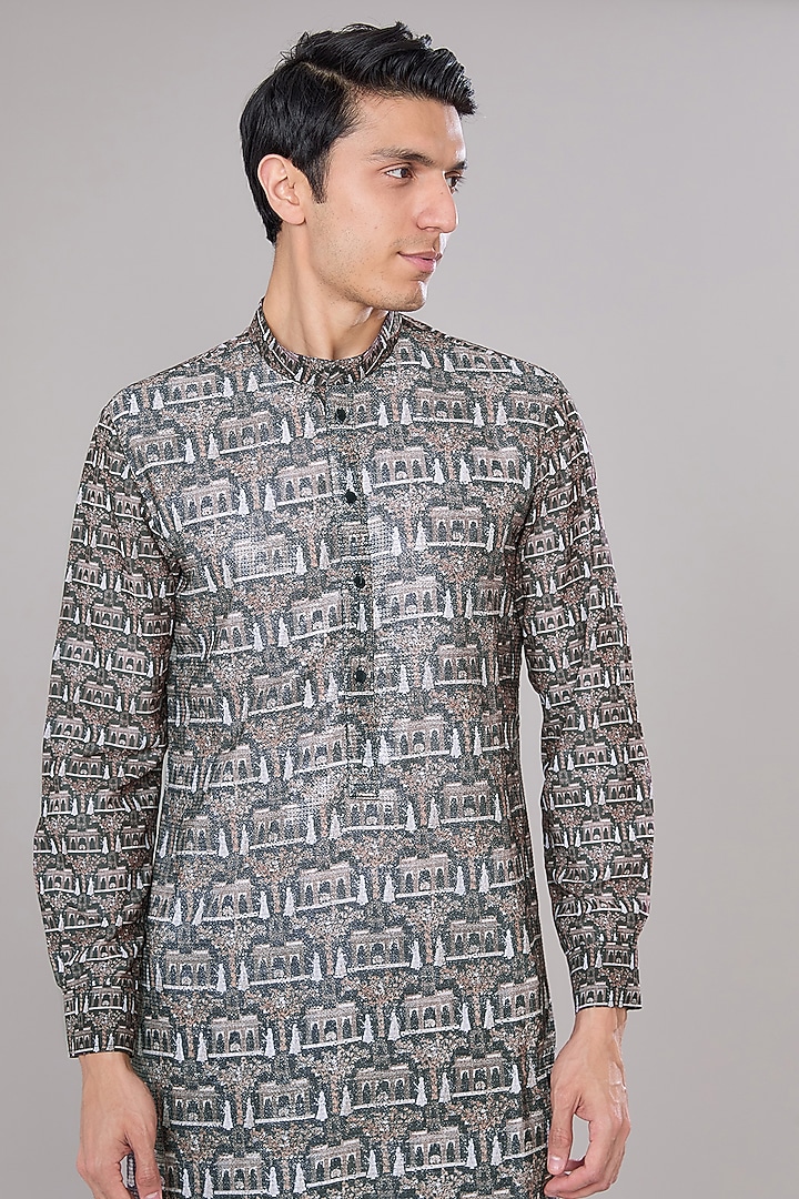 Black Crepe Printed Kurta Set by Rabani & Rakha Men at Pernia's Pop Up Shop