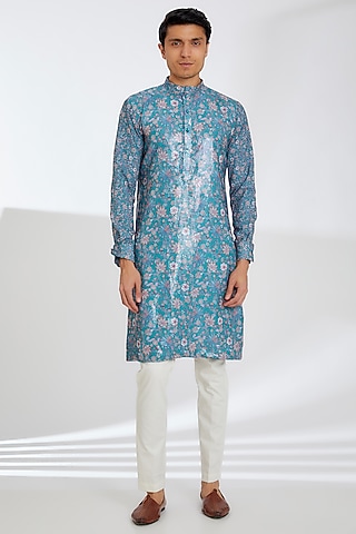 Green Crepe Printed Kurta Set by Rabani & Rakha Men