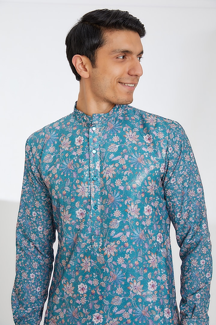 Green Crepe Printed Kurta Set by Rabani & Rakha Men at Pernia's Pop Up Shop