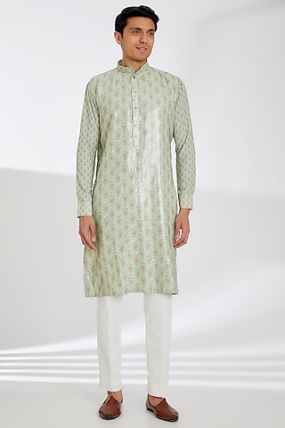 Multi-Colored Crepe Printed Kurta Set by Rabani & Rakha Men