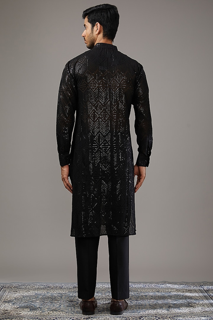 Black Georgette Sequins Embroidered Kurta by Rabani & Rakha Men at Pernia's Pop Up Shop