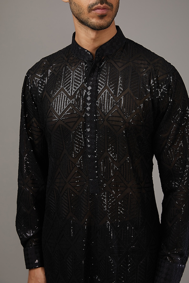 Black Georgette Sequins Embroidered Kurta by Rabani & Rakha Men at Pernia's Pop Up Shop