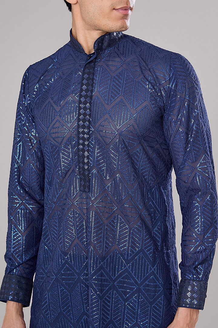 Blue Georgette Sequins Embroidered Kurta Set by Rabani & Rakha Men at Pernia's Pop Up Shop