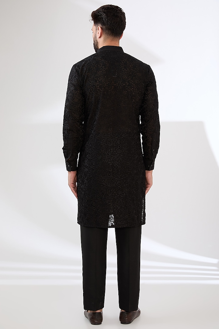 Black Georgette Thread Work Kurta Set by Rabani & Rakha Men at Pernia's Pop Up Shop