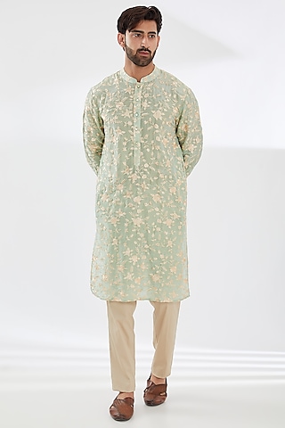 Sage Green Silk Embroidered Kurta Set by Rabani & Rakha Men