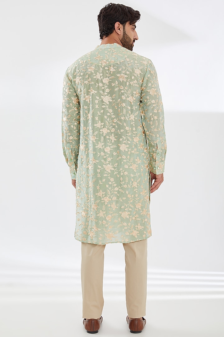 Sage Green Silk Embroidered Kurta Set by Rabani & Rakha Men at Pernia's Pop Up Shop