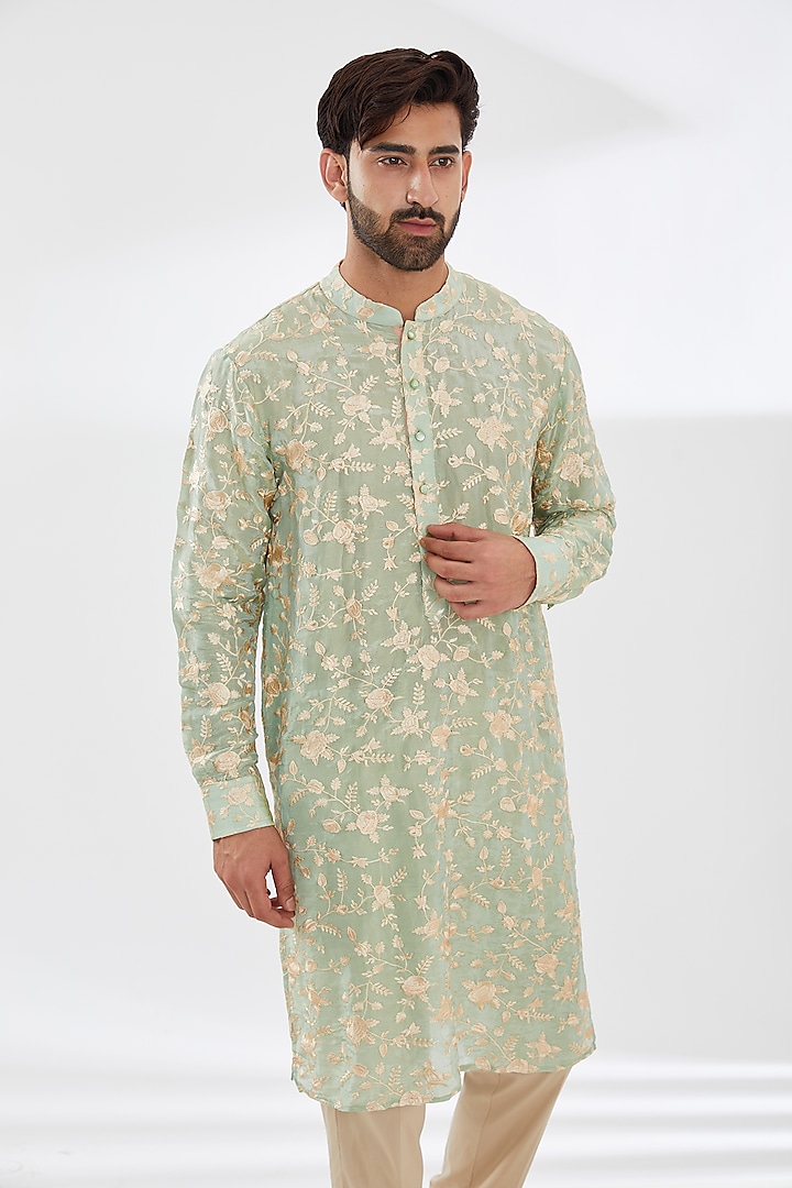 Sage Green Silk Embroidered Kurta Set by Rabani & Rakha Men at Pernia's Pop Up Shop