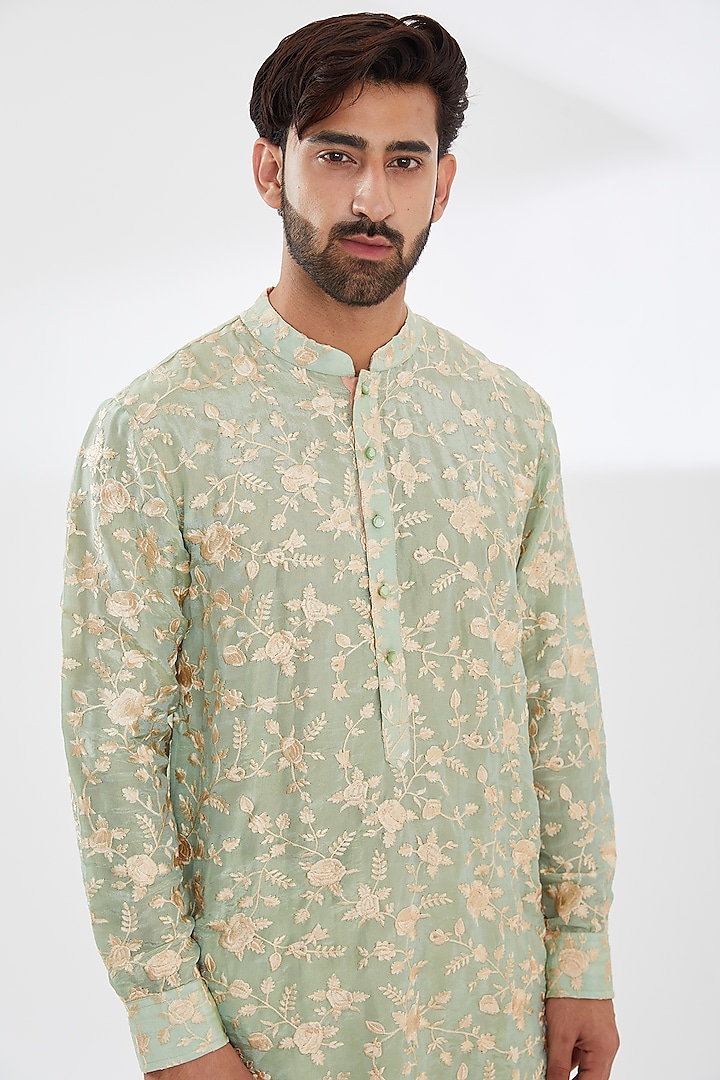 Sage Green Silk Embroidered Kurta Set by Rabani & Rakha Men at Pernia's Pop Up Shop