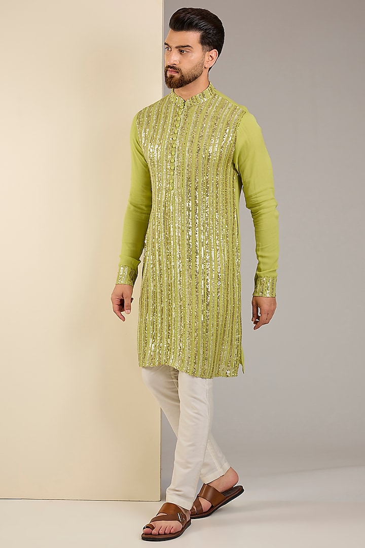Lime Georgette Sequins Embroidered Kurta by Rabani & Rakha Men at Pernia's Pop Up Shop