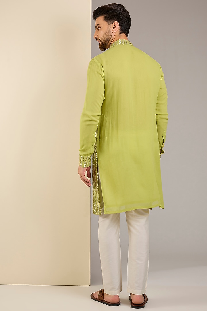 Lime Georgette Sequins Embroidered Kurta by Rabani & Rakha Men at Pernia's Pop Up Shop
