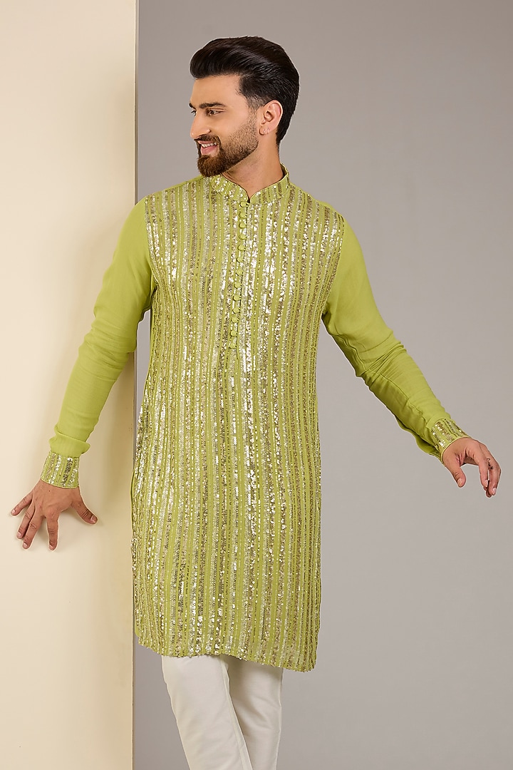 Lime Georgette Sequins Embroidered Kurta by Rabani & Rakha Men at Pernia's Pop Up Shop
