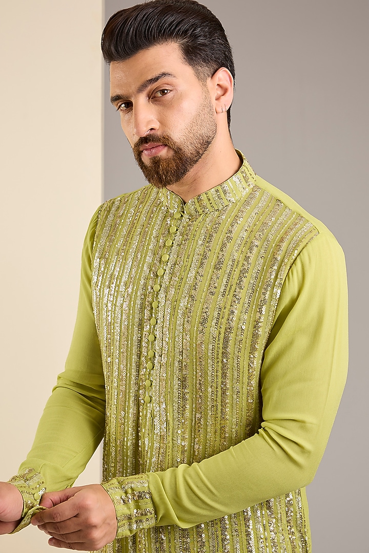 Lime Georgette Sequins Embroidered Kurta by Rabani & Rakha Men at Pernia's Pop Up Shop