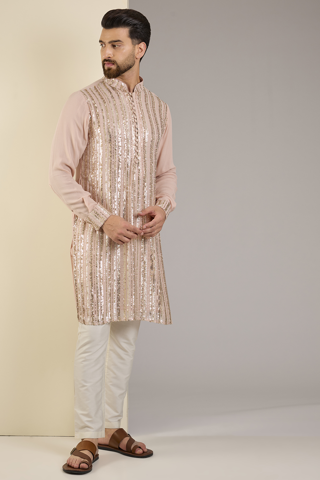 Pale Peach Georgette Sequins Embroidered Kurta by Rabani & Rakha Men