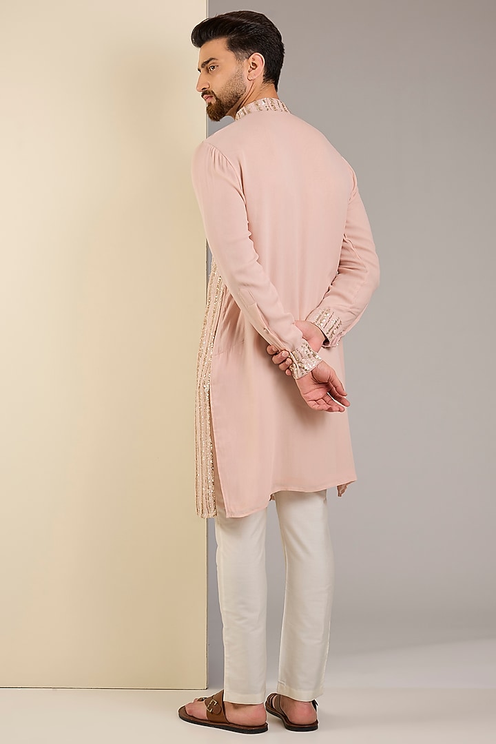 Pale Peach Georgette Sequins Embroidered Kurta by Rabani & Rakha Men at Pernia's Pop Up Shop