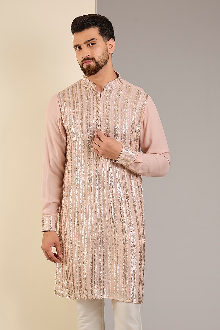 Pale Peach Georgette Sequins Embroidered Kurta by Rabani & Rakha Men at Pernia's Pop Up Shop