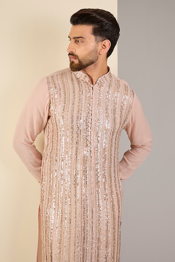 Pale Peach Georgette Sequins Embroidered Kurta by Rabani & Rakha Men at Pernia's Pop Up Shop