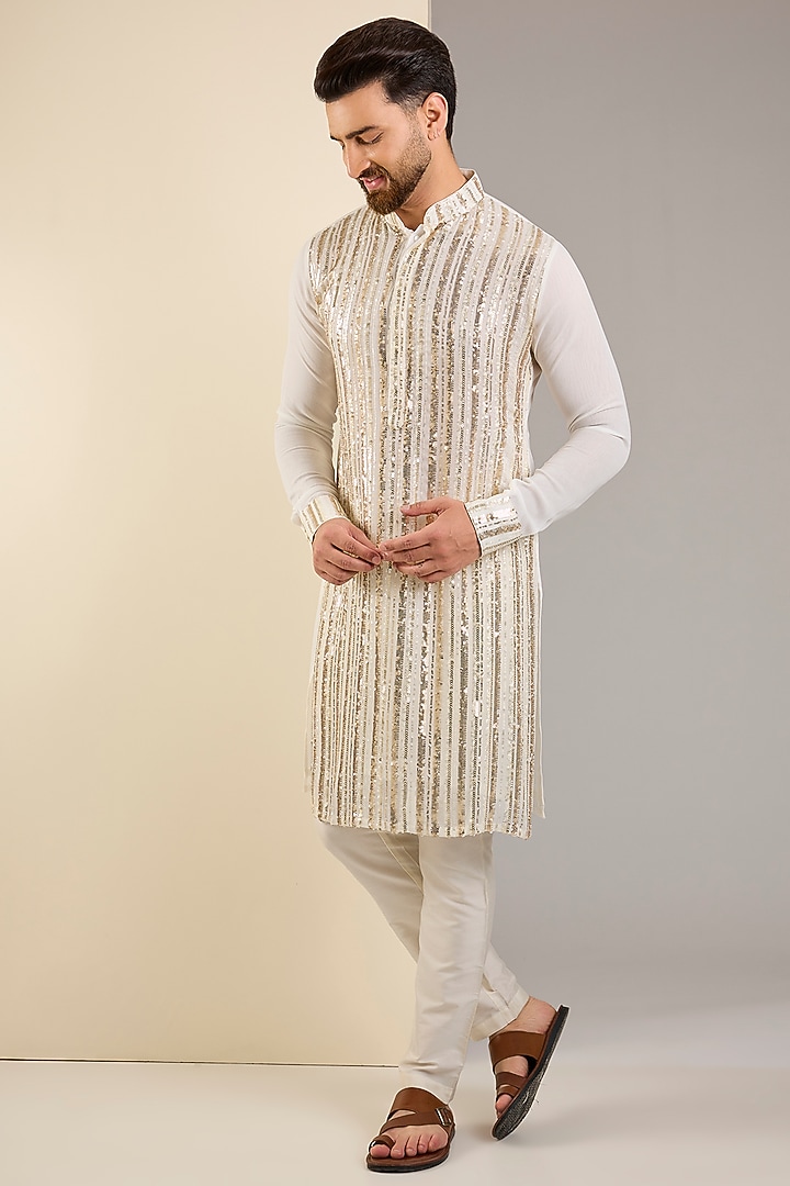 Ivory Georgette Sequins Embroidered Kurta by Rabani & Rakha Men at Pernia's Pop Up Shop
