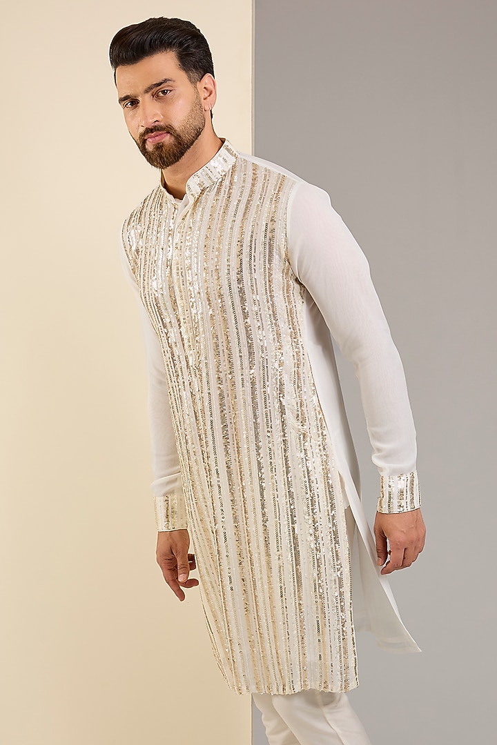 Ivory Georgette Sequins Embroidered Kurta by Rabani & Rakha Men at Pernia's Pop Up Shop