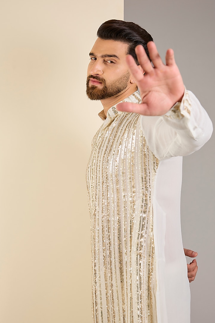 Ivory Georgette Sequins Embroidered Kurta by Rabani & Rakha Men at Pernia's Pop Up Shop