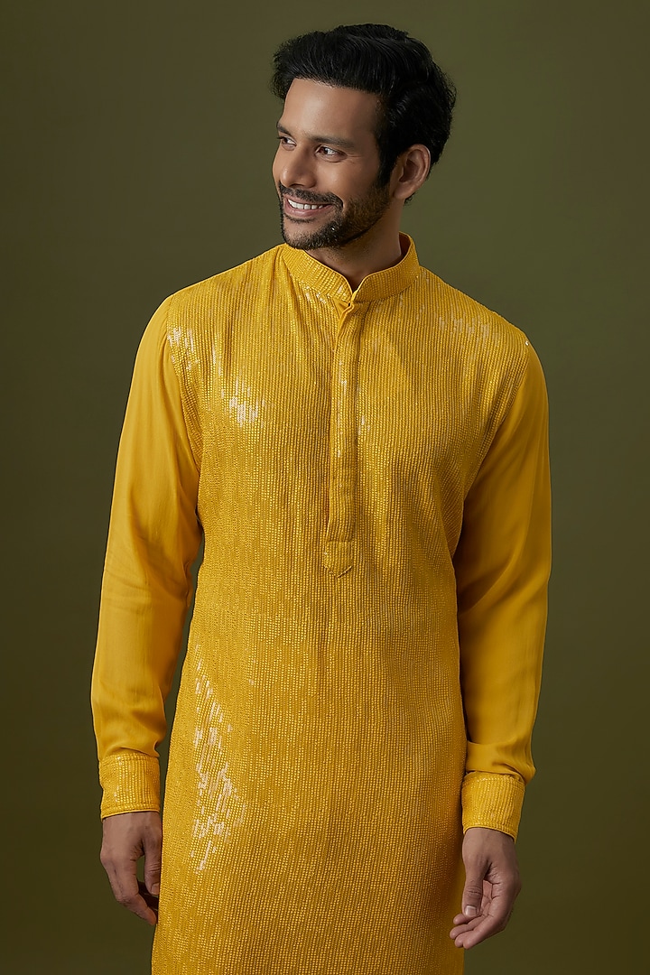 Yellow Georgette Sequin Embroidered Kurta by Rabani & Rakha Men at Pernia's Pop Up Shop