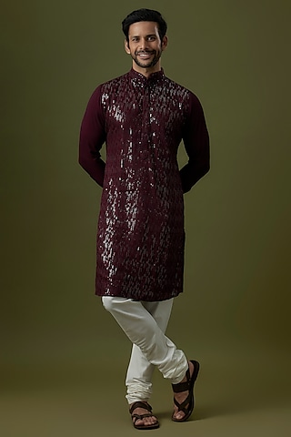 Ox Blood Georgette Sequin Embroidered Kurta by Rabani & Rakha Men