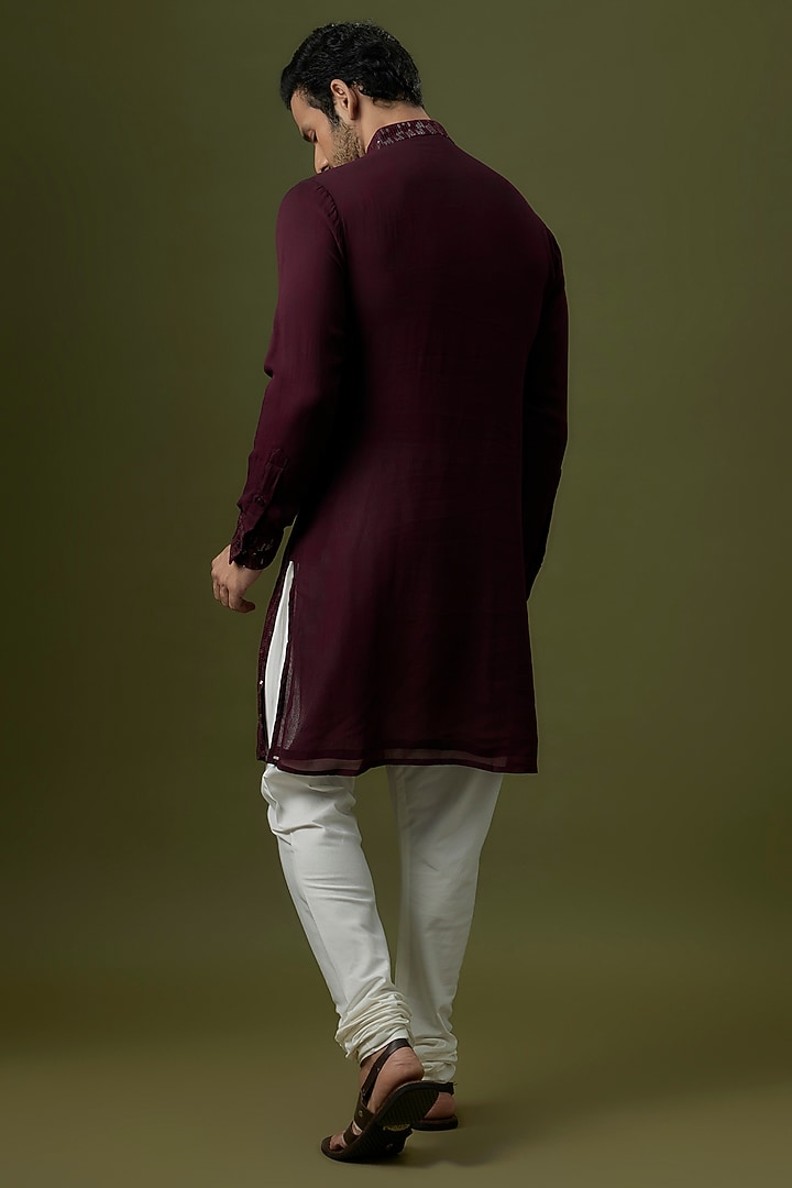 Ox Blood Georgette Sequin Embroidered Kurta by Rabani & Rakha Men at Pernia's Pop Up Shop