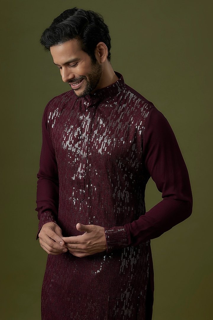 Ox Blood Georgette Sequin Embroidered Kurta by Rabani & Rakha Men at Pernia's Pop Up Shop